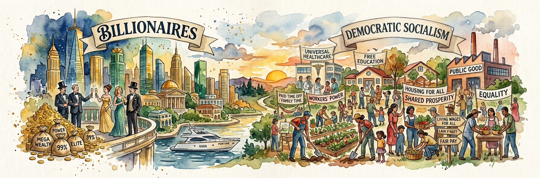 Watercolor illustration contrasting billionaire wealth, yachts, and skylines on the left with universal healthcare, free education, workers' power, and shared prosperity on the right